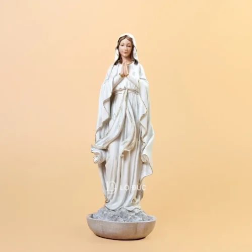 Tượng Đức Mẹ Đứng Ban Ơn Sơn Trắng Viền Ánh Kim – Tượng Resin Nhập Khẩu Cao Cấp
