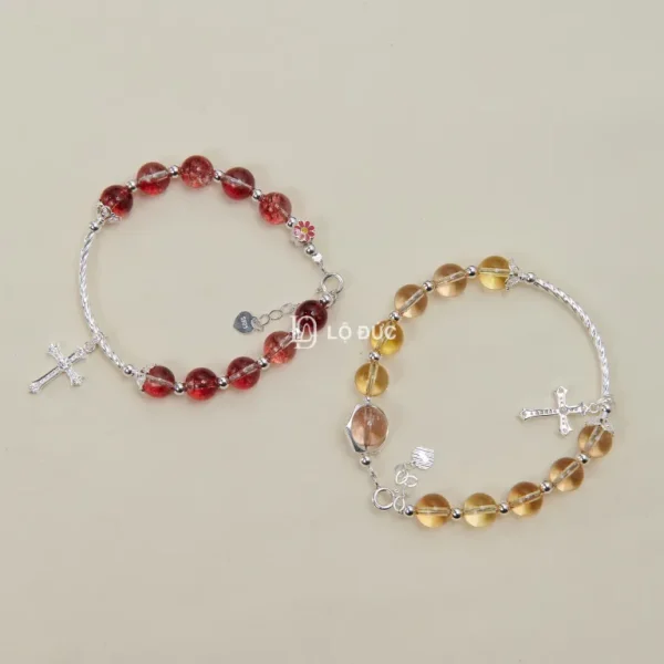 Vòng Tay Mân Côi Hạt Đá – Charm Thánh Giá – Nhiều Màu Sang Trọng