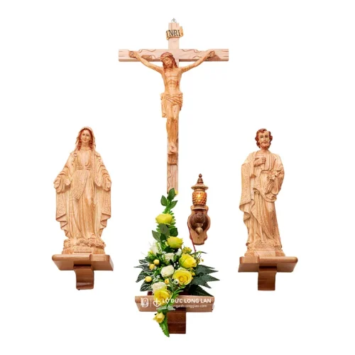 Trọn Bộ Bàn Thờ Kệ Sồi Chữ C + Tượng Gỗ Pơmu Cao Cấp - 60cm, 70cm