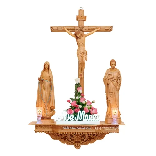 Bộ Bàn Kệ Thiên Chúa Là Tình Yêu & Tượng Pơmu – Gỗ Sồi & Pơmu, 40cm-70cm