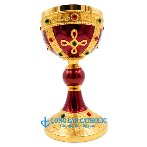 Chén Lễ Đỏ Ruby Cao Cấp – Chạm Nổi Nút Thắt Vàng & Đính Đá Đa Sắc - Mã # ML 18