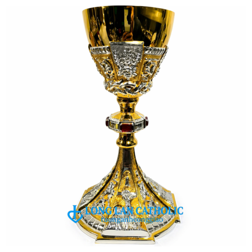 Chén Lễ Chạm Nổi Chúa Chịu Nạn & Chùm Nho Cao Cấp Mạ Vàng Phối Bạc & Đính Đá Ruby - Mã # ML 22