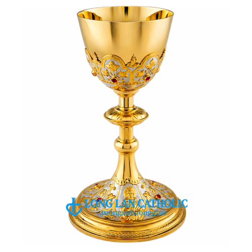 Chén Lễ Chạm Nổi Thánh Tượng & Lá Nho Đính Đá Ruby Cao Cấp Mạ Vàng Phối Bạc - Mã # ML 23