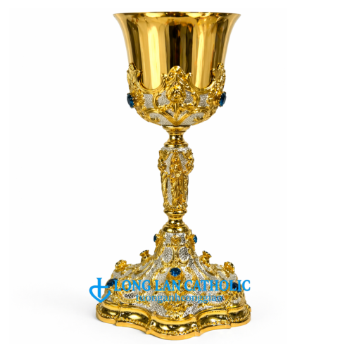 Chén Lễ Hoàng Gia Đính Đá Sapphire Xanh – Chạm Nổi Hình Tượng Thánh & Hoa Văn Mạ Vàng Cao Cấp - Mã # ML 07