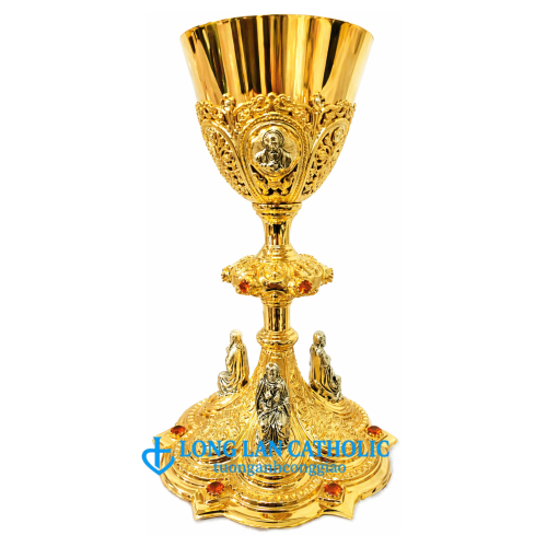 Chén Lễ Chạm Nổi Thánh Tượng Cao Cấp – Mạ Vàng Phối Tượng Bạc Đá Cam - Mã # ML 09