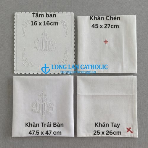 Bộ Khăn Thánh JHS Trắng Công Giáo – Khăn Ban Cao Cấp - Bộ Khăn Phụng Vụ Đầy Đủ