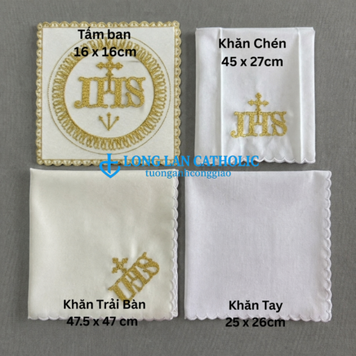 Bộ Khăn Thánh JHS Vàng Công Giáo - Mẫu Khung Tròn – Khăn Ban Cao Cấp - Bộ Khăn Phụng Vụ Đầy Đủ